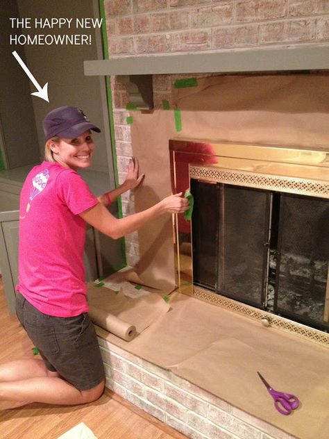 Painting A Fireplace, Brick Fireplaces, Fireplace Redo, Brick Hearth, Brass Fireplace, Fireplace Update, White Wash Brick, Fireplace Remodel, Fireplace Makeover