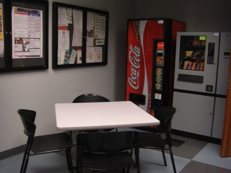 Small break room - one table Break Room Design, Waiting Room Design, Staff Lounge, Office Break Room, Boss Office, Liminal Space, Diet Coke, Commercial Office, Night Shift