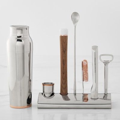 Williams Sonoma Bar Tool Set with Stand & Cocktail Shaker Bar Necessities, Cocktail Mixer Set, Shaker Bar, Disney Stores, Ice Tongs, Bar Tool Set, Cocktail Shaker Set, Bar Spoon, Bar Tool