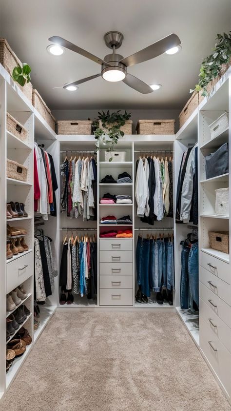 Master Room With Walk In Closet, Walk In Closet Cubby Ideas, Closet Organization Ideas His And Hers, Walk In Wardrobe Shoe Storage, Show Closet Ideas, U Closet Design, Smaller Walk In Closet Ideas, Small Walk In Closet With Dresser, Long Walk In Closet Ideas