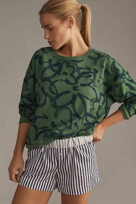 Scandi Fashion | Anthropologie Scandi Fashion, Anthropologie Clothing, Midi Skirt Pattern, Floral Sweatshirt, Abstract Forms, Green Fits, Striped Scarves, Cotton Pullover, Tees For Women