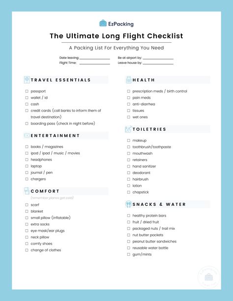 Are you looking for a perfect ultimate long flight checklist? Click this post to download your FREE checklist and learn tips on how to pack. Flight Checklist, Long Haul Flight Essentials, Long Flight Tips, Flight Tips, Travel Packing Essentials, International Travel Essentials, Wedding Hacks, Carry On Essentials, Safe Flight