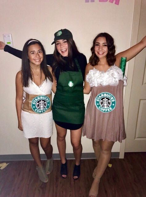 Halloween Starbucks costume.  Hot coffee, barista, and iced late! Girlfriend Group, Starbucks Halloween Costume, Starbucks Costume, Starbucks Outfit, Barista Outfits, Halloween Starbucks, Best Group Halloween Costumes, Bff Halloween Costumes, Best Friend Halloween Costumes