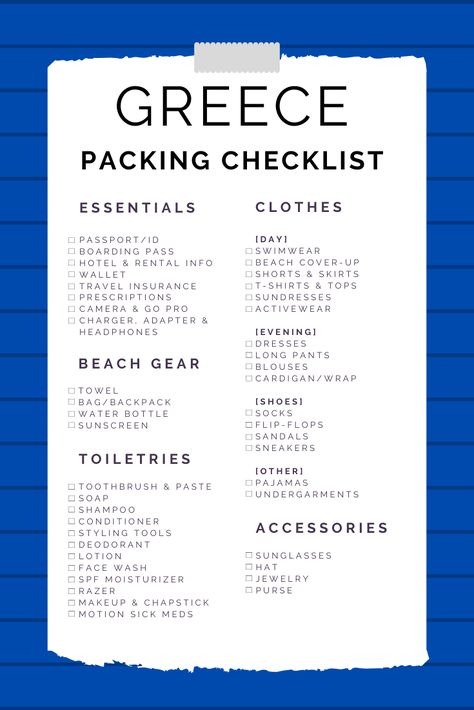 Greece Packing Checklist, Two Weeks In Greece Packing, Greece Travel Must Haves, Greece Outfits For October, Traveling To Greece Packing Lists, Packing List Greece Summer, What To Bring To Greece, Greece Trip Planning, Greek Packing List