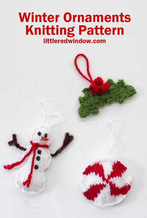 Knit an adorable snowman, holly and peppermint candy with this fun and easy winter ornament set knitting pattern! Knitted Ornaments, Peppermint Candy Ornaments, Christmas Knits, Knit Christmas Ornaments, Winter Knitting Patterns, Stranded Knitting Patterns, Christmas Knitting Patterns Free, Winter Knitting, Baby Hat Knitting Pattern