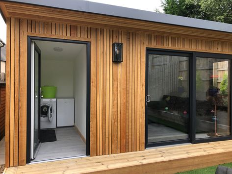 Garden Room With Utility Room | Case Studies | Outside In Guest House Interior Design, Guest House Design, Interior Design Garden, Small Garden Office, Contemporary Garden Rooms, Insulated Garden Room, Larch Cladding, Garden Room Ideas, Timber Frame Building