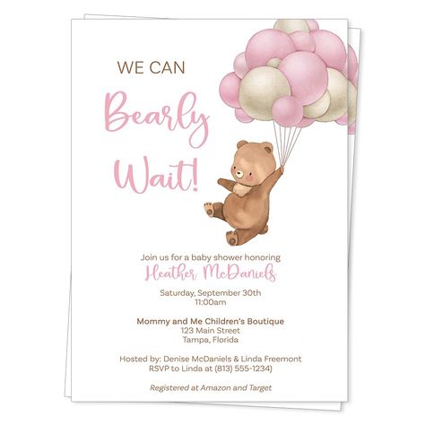 PRICES MAY VARY. ♥ Invite guests to your baby shower with this adorable invitation featuring a bear holding a bundle of pink balloons. ♥ Includes 12 Invitations and 13 White Envelopes. ♥Invitations measure 5x7 inches and custom printed with your even details. ♥ Printed on high quality matte smooth finish card stock. ♥ All our products are Made with Love in the USA. ♥ Female owned & veteran owned small business. ♥ Invite guests to your baby shower with this adorable invitation featuring a bear ho Kylie Jenner Baby Shower, Diy Baby Shower Invitations, Baby Shower Invitation Ideas, Baby Shower Invitations Templates, Girl Baby Shower Invitations, Teddy Bear Balloon, Simple Gender Reveal, Kylie Jenner Baby, Charlotte Baby