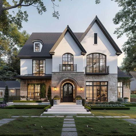 Modern Farmhouse Architecture Exterior, 2 Story Elevation Design, Classy Home Exterior, Houses With Pillars, 2 Story House Ideas, New England Homes Exterior, Transitional Exterior Home Design, Medium Sized House, Traditional House Exterior