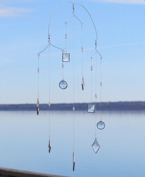 Geometric Glass and Crystal Hanging  Mobile Hanging Glass Art, Sun Catcher Mobile, Mobile Hanging Ideas, Mobiles Diy Hanging, Hanging Mobile Art, Suncatcher Mobile, Mobile Decor, Stained Glass Geometric, Geometric Mobile