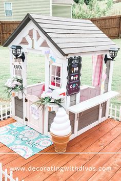 No need to pick up a paintbrush with this ready-to-go white playhouse! 🎨 Create endless memories with your kids as they play and explore in this charming outdoor retreat. #Playtime Playhouse Signs Outdoor, Ice Cream Shop Playhouse, Sweetheart Playhouse Makeover, Playhouse Outdoor Makeover, Indoor Playroom Ideas, Indoor Playhouse Ideas, Makeover Playhouse, Playhouse Cafe, Kids Playhouse Ideas