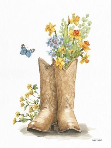 Art Print: Wildflower Western I Sky Blue by Leslie Trimbach : 12x9in Printable Western Pictures, Western Wildflower Nursery, Vintage Mural Art, Watercolor Cowgirl Boots, Texas Wildflower Watercolor, Flowers In A Boot, Blue Bonnets Painting, Quote Wall Art Bedroom, Cowboy Boots With Flowers Drawing