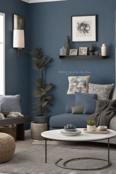 Transform your walls into deep elegance with Charcoal Blue (SW 2739)! Discover a daily interior design routine to elevate your space in 2024. #Ad #homedecor #homedesign #wallpaints2024 #Painthome #interiorarchitecture Wall Colors Green Living Room Colors Bright Living Room Colors Apartment Renovation Living room Remodeling Modern Paint Colors 2024 Blue Paint For Living Room Walls, Slate Blue Living Room Walls, Living Room Dark Blue Walls, Blue Living Room Color Scheme Walls, All Blue Living Room, Blue Moody Living Room, Trending Living Room Colors, Blue Grey Living Room Walls, Blue Wall Aesthetic