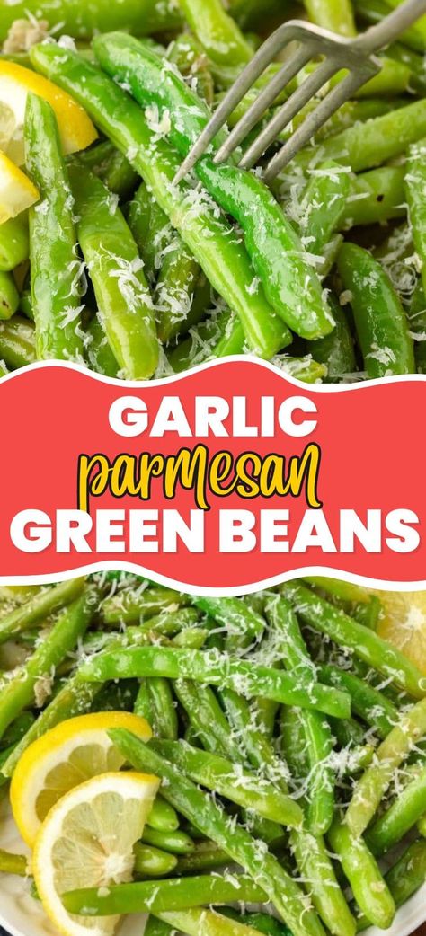 These Garlic Parmesan Green Beans are the perfect side dish! Crispy, tender green beans tossed in garlic and Parmesan cheese make for an easy and delicious addition to any meal. With just a few simple ingredients, this quick recipe is ready in under 20 minutes—perfect for busy weeknights or holiday dinners! Green Bean Side Dishes, Garlic Parmesan Green Beans, Green Bean Almondine Recipe, Frozen Green Bean Recipes, Creamed Green Beans, Oven Green Beans, Crockpot Green Beans, Green Beans Side, Green Beans Almondine