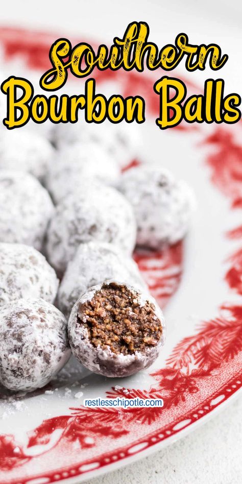 Bourbon Candy Recipes, Bourbon Balls Recipe Easy, Liquor Chocolates, Bourbon Balls Recipe, Xmas Cookies Recipes, Boozy Baking, Boozy Treats, Restless Chipotle, Bourbon Balls