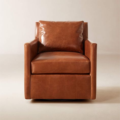 Monsef Brown Leather Swivel Chair | CB2 Leather Swivel Chair Living Room, Armchairs Living Room, Modern Accent Chairs, Unique Seating, Black Leather Chair, Brown Leather Chairs, Leather Swivel Chair, Study Chair, Leather Recliner Chair