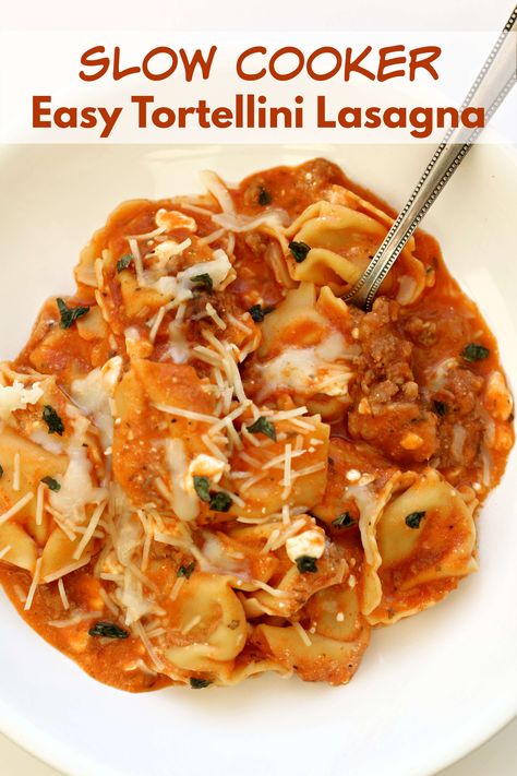 Easy Slow Cooker Tortellini Lasagna—delicious flavors of lasagna with hardly any of the work. This recipe only has 6 ingredients. It will quickly become a family favorite. #slowcooker #crockpot #slowcookerrecipe #pasta #tortellini #easyrecipe Instant Pot Lasagna Pasta, Instant Pot Recipes Tortellini, Instant Pot Recipes Lasagna, Insta Pot Tortellini Recipes, Tortellini Instant Pot Recipes, Instapot Tortellini Recipes, Instant Pot Tortellini Recipes, Instapot Tortellini, Tortellini Lasagna