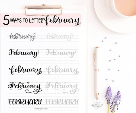 5 Ways to letter February plus get access to free Calligraphy Practice Sheets by Vial Designs | How to: February in Calligraphy | Lettering for Bullet Journal | Bullet Journal Lettering | Bujo Lettering Tutorial #vialdesigns #howtolettering #moderncalligraphy #letteringpractice February Calligraphy Hand Lettering, February Font Hand Lettering, Valentines Bujo, February Calligraphy, Calligraphy Months, February Lettering, Hand Lettering Ideas, Ideas For Bullet Journal, February Aesthetic