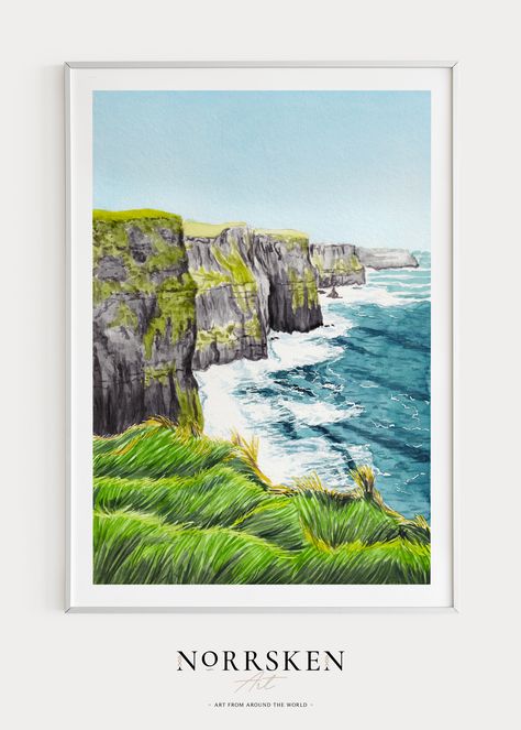 This watercolor painting of Cliffs of Moher in Ireland was created from my own original paintings and was printed in high-resolution images so you can download them instantly and print them yourself, either at home or by using a professional printing service! It’s an easy way to get high-quality artwork for less money than a physical art print. #cliffsofmoher #ireland #countyclare #walldecor #printableart #watercolor #painting #nature #travel #gift #irish #etsy Ireland Art, Artsy Girl, Landscape Tattoo, Irish Landscape, County Clare, Ireland Landscape, Wall Art Watercolor, Cliffs Of Moher, Travel Sketches