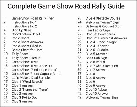 Game Show Theme Road Rally - 43 page Guide to help set-up and run a Game Show Road Rally. Instant Digital Download Complete with 10 Clues, Sign up Forms, Score Sheets, Tally Sheets, Panic Sheets, and games to include in your Game Show Theme Road Rally. Car Rally Ideas, Road Rally Ideas, Rally Ideas, Rally Games, Rally Idea, Road Rally, Car Rally, Fear Factor, Motorcycle Rallies