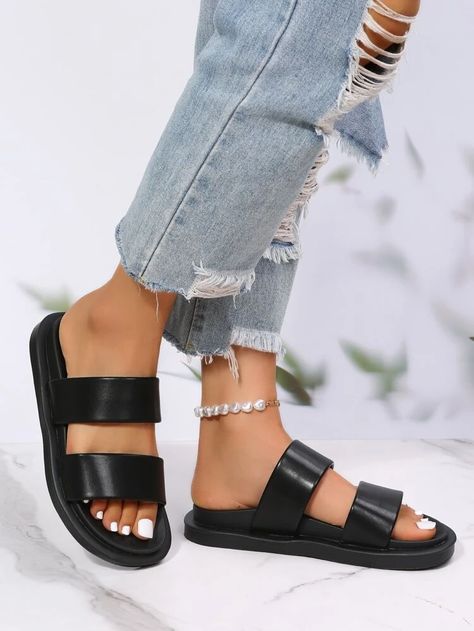 Minimalist Double Strap Slide Sandals | SHEIN USA Women Flat Sandals, Pet Dress, Classy Casual Outfits, Classy Casual, Shop Shoes, Womens Sandals Flat, Bags Accessories, Mary Jane Sneaker, Flat Sandals