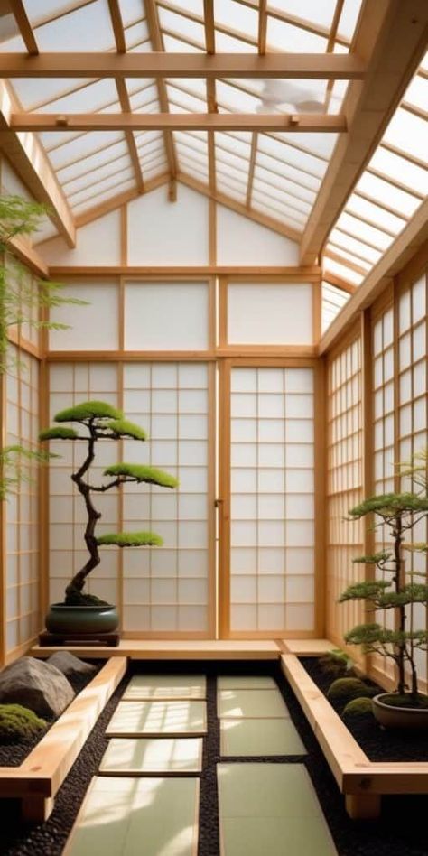 Embrace the serenity of a Japanese-inspired greenhouse with sliding shoji screens, bamboo accents, and a minimalist design. The greenhouse blends traditional Japanese aesthetics with modern functionality, providing a peaceful space for cultivating bonsai trees, moss gardens, and other elements of Zen-inspired horticulture. Small Modern Greenhouse, Japanese Spa Aesthetic, Greenhouse Sauna, Bonsai Greenhouse, Japanese Greenhouse, Elegant Greenhouse, Bathhouse Ideas, Japanese Sauna, Greenhouse Attached To House