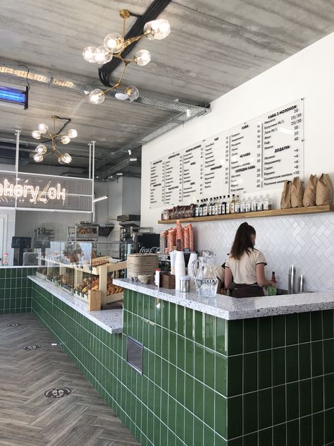 Cafe Interior Design Counter, Vibrant Coffee Shop, Urban Cafe Design, Display Room Design, Coffee Shop Inspiration, Cafe Counter Ideas, Cafe Counter Design, Green Coffee Shop, Restaurant Counter Design