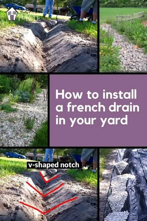 How to install a french drain in your yard Simple French Drain, Landscape For Drainage Problems, Water Draining Landscape, Outside Drainage Solutions, Water Drainage Ideas Yards Driveways, Rain Gutter Garden Downspout Ideas, French Drains Landscaping, How To End A French Drain, Rock Trench Drain