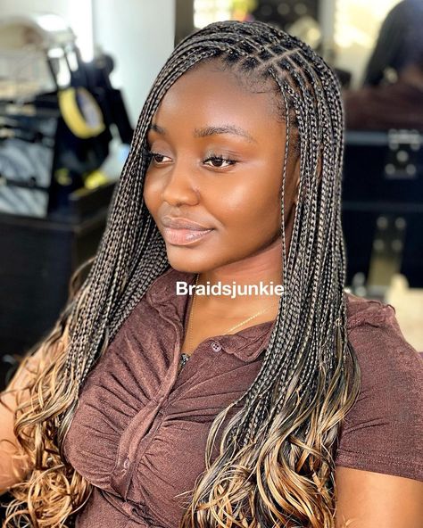 Small Box Braids with Blonde Ends Box Braids With Blonde Ends, Braids With Blonde Ends, Box Braids With Curled Ends, Box Braids With Blonde, Braids With Curled Ends, Braids With Blonde, Box Braids Small, Box Braids Medium Length, Micro Box Braids