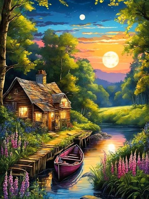 Amazon.com: Ekuxom Landscape Diamond Painting Kits for Adults, Moon Boat Diamond Painting Landscape Kits, Diamond Art Landscape Gem Art Kits for Home Wall Decor 12x16inch : Arts, Crafts & Sewing Quaint Cabin, Peaceful Evening, Reflection Painting, Scenery Paintings, Landscape Art Painting, Diamond Painting Kits, Nature Art Painting, Beautiful Landscape Wallpaper, Linen Canvas