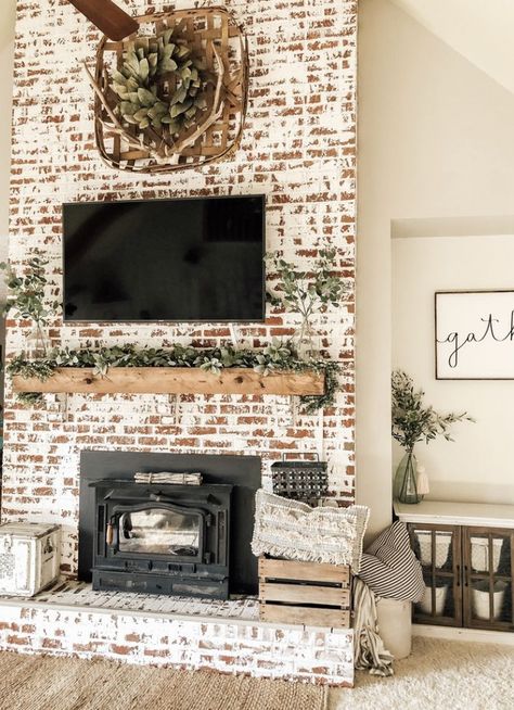 Rustic Farmhouse Fireplace, German Schmear, German Smear, Fireplace And Tv, Holiday Fireplace, Chirstmas Decor, Brick Fireplace Makeover, Farmhouse Fireplace, Paint Wood