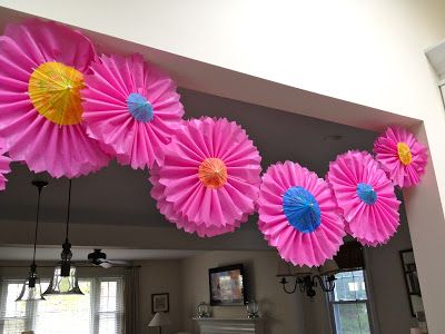 Craft: Cinco de Mayo flower garland Pink plastic tablecloth covering made into pleated flowers with paper umbrellas for the centers: Girl #1 will be making her First Holy Communion this Spring and it happens to fall on May 5th – Cinco de Mayo – so her party will be a Cinco de Mayo fiesta! And... Read more Plastic Tablecloth Decorations, Table Cloth Decorations, Kid Parties, Paper Umbrellas, 5 De Mayo, Plastic Tablecloth, Flower Garland, Pink Plastic, Ideas Party