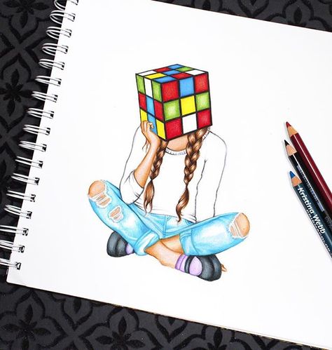 Decided to name this drawing 'Puzzled' and it represents exactly where my mind is right now with the million decisions that come along with life. Can anyone else relate to this drawing? - As to why the cube in this picture is unsolvable is because the decisions in life are never ending .. Like this Rubik's cube - -That and I completely made a mistake and didn't use a reference But with art, you can make your mistakes work for you Kristina Webb Drawings, Kristina Webb Art, Kristina Webb, Tumblr Drawings, Rubix Cube, Drawing Hair, Drawing Faces, Creative Drawing, Beautiful Drawings