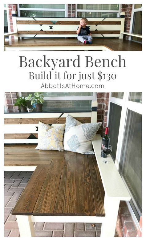 DIY Plans for an L-Shaped Wood Backyard or Outdoor Bench. Budget friendly materials and easy to follow kreg jig build tutorial. This design works with Farmhouse, Modern, Boho, Tribal and traditional style. #bench #DIY #backyard #outdoor Outdoor Corner Bench, Backyard Bench, Diy Outdoor Bench, Wood Bench Plans, Diy Bank, Diy Wood Bench, Boys Diy, Diy Beginner, Diy Bench Outdoor