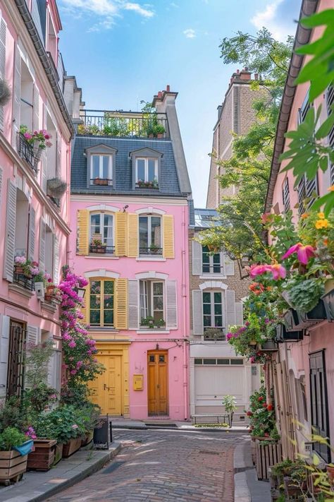 Picture a quaint baby pink home highlighted by cheerful yellow accents, creating a whimsical and inviting facade. Pink House Exterior, Escape To The Chateau, Paris Rooftops, Black Houses, Mansion Exterior, Town Houses, Building Photography, Yellow Houses, Colourful Buildings