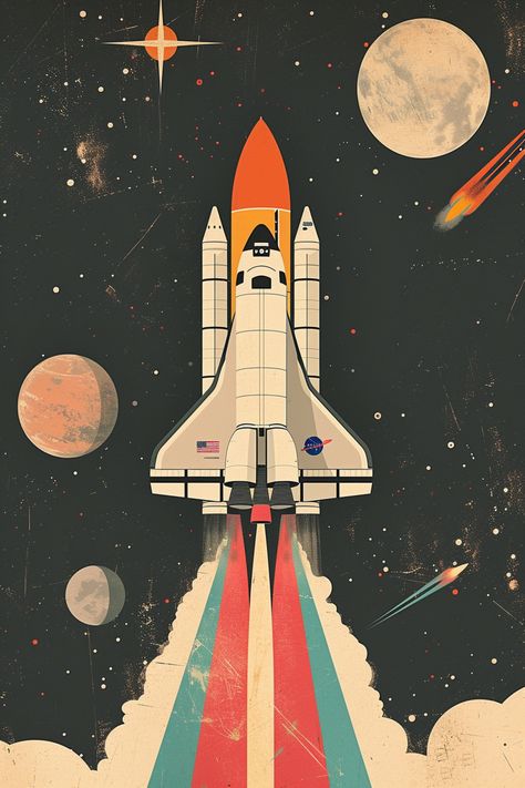 Space Exploration Art, Space Theme Office, Vintage Space Art Retro Futurism, 80s Space Aesthetic, Vintage Space Aesthetic, 1950s Space Art, Retro Space Aesthetic, Retro Space Art, Space Digital Art