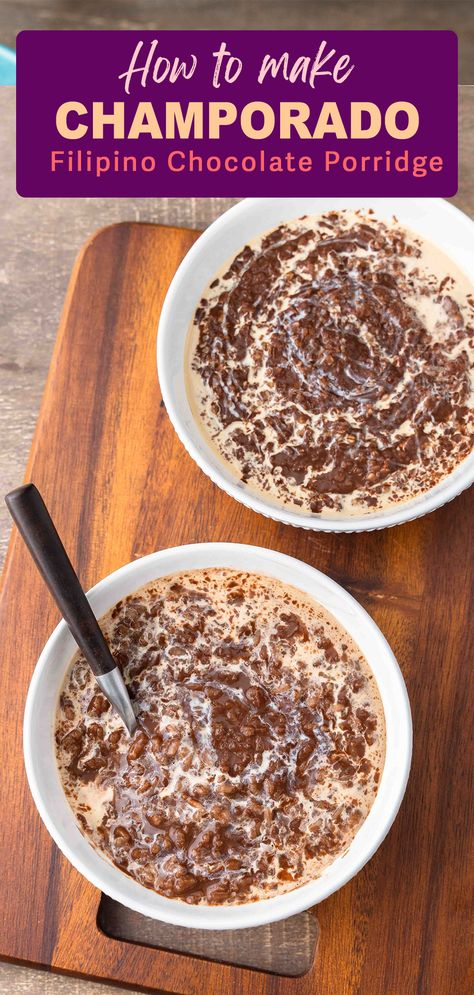 Chocolate porridge made with glutinous rice or oatmeal. Chamorro Chocolate Rice, Filipino Champorado Recipe, Champorado Filipino Recipe, Java Rice Recipe, Champorado Filipino, Filipino Sticky Rice, Champorado Recipe, Traditional Mexican Breakfast, Chocolate Porridge