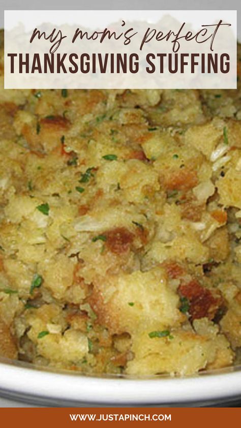 Mom's Perfect Thanksgiving Stuffing Recipe Stuffing Recipes For Thanksgiving Inside Turkey, Pepperidge Farm Dressing Recipes, Tipsy Housewife Stuffing, Traditional Bread Stuffing For Turkey, Traditional Dressing Recipes Thanksgiving, Stuffing With Mashed Potatoes, Vegetable Stuffing Recipes, Stuffing Recipes No Meat, How To Cook Stuffing Out Of Turkey