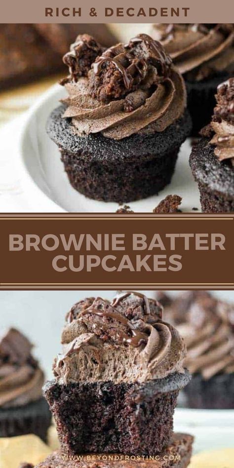 These award-winning Triple Chocolate Brownie Cupcakes re-imagine fudgy brownies in the form of an over-the-top cupcake! A rich and moist chocolate cake base is topped with creamy brownie mix frosting, then finished off with brownie chunks and hot fudge. Cake Base, Brownie Cupcakes, Gourmet Cupcakes, Cupcake Flavors, Oreo Dessert, Moist Chocolate Cake, Triple Chocolate, Fudgy Brownies, Brownie Mix