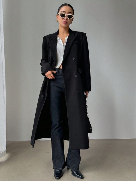 DAZY Lapel Neck Double Breasted Belted Longline CoatI discovered amazing products on SHEIN.com, come check them out! Long Blazer Coat Outfit, Long Blazer Coat, Longline Coat, Women Coats, Long Blazer, Oversized Coat, Coat Outfits, Blazer Coat, Long Coat