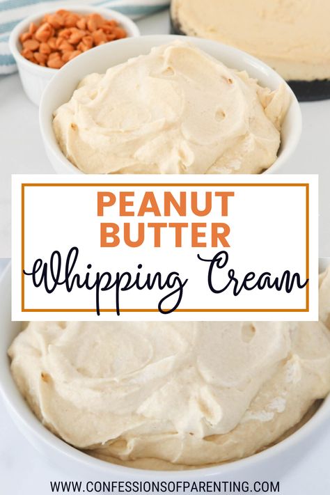 Cookies And Cream Whipped Cream, Peanut Butter Cool Whip Frosting, Peanut Butter Whipped Cream Dessert, Whipped Cream Desserts Easy, Peanut Butter Whipped Cream Frosting, Whipped Peanut Butter Frosting, Whipping Cream Recipe, Homemade Cool Whip, Peanut Butter Whipped Cream