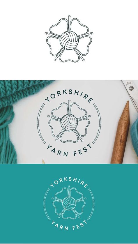 A twist on the Yorkshire Emblem, making a flower shape out of a ball of yarn in the centre and yarn forming simple petals, with crochet hooks and knitting needles sticking out to reflect the shape on the Yorkshire rose logo. Yarn Logo Design Crochet, Textile Logo Branding, Yarn Graphic Design, Croche Logo Design, Crochet Branding Identity, Crochet Brand Logo, Crochet Logo Design Free, Crochet Logo Ideas, Logo For Craft Business