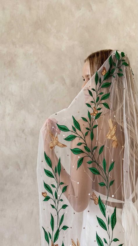 Embroidered Vines Wedding Dress, Rue De Seine Mountain Song Veil, Leaf Embroidered Wedding Dress, Wedding Dresses With Leaves, Veil With Leaves, Flower Embroidered Wedding Veil, Bird Wedding Dress, Mexican Wedding Veil, Colorful Veil Wedding