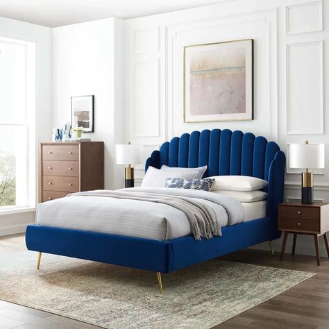 Barhorst Queen Tufted Upholstered Low Profile Platform Bed Kids Headboards, Blue Bed, Shaped Headboard, Queen Platform Bed, Velvet Bed, Modway Furniture, Bed Base, Blue Bedding, Platform Bed Frame