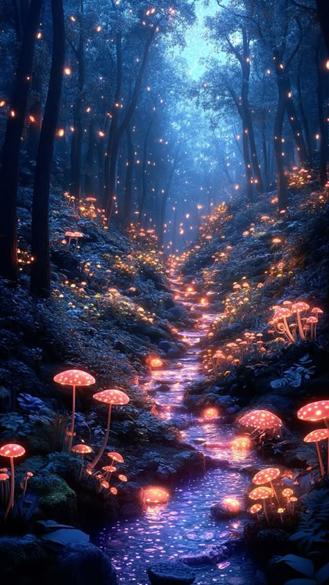 Enchanted Forest Wallpaper - Magical Glow in the Woods Magical forest Zicxa.com Whimsical Enchanted Forest, Fantasy Glowing Forest, Mushroom Bioluminescent, Enchanted Forest Mushrooms, Enchanted Forest Library, Glowing Mushroom Forest, Bioluminescent Plants, Enchanted Forest Wallpaper, Black Lollipop