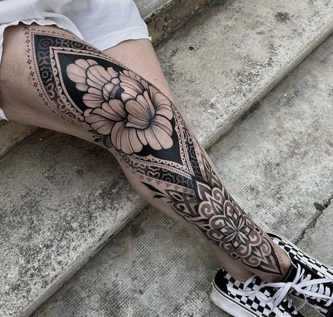 Knee Tattoos, Tattoo Over Scar, Full Leg Tattoos, Omerta Tattoo, Back Of Shoulder Tattoo, Intricate Tattoo, Leg Tattoos Women, Leg Sleeve Tattoo, Knee Tattoo