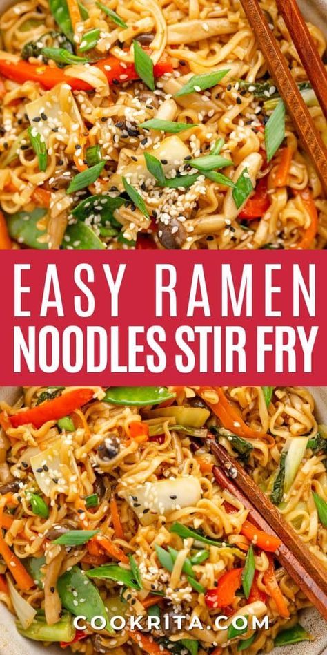 This stir-fry ramen with vegetables is a traditional Japanese dish of Chinese-style instant noodles served in a medley of fresh vegetables and rich soy sauce, topped with green onions, sesame seeds, and black pepper. Stir Fry Ramen Noodles Veggies, Ramen Noodles With Vegetables, Rice Noodles With Vegetables, Shrimp Stir Fry Recipes Noodles, Ramen Stir Fry Recipes, Rice Ramen Noodle Recipes, Instant Noodles Recipes, Fry Noodles Recipe, Stir Fry Ramen Noodles