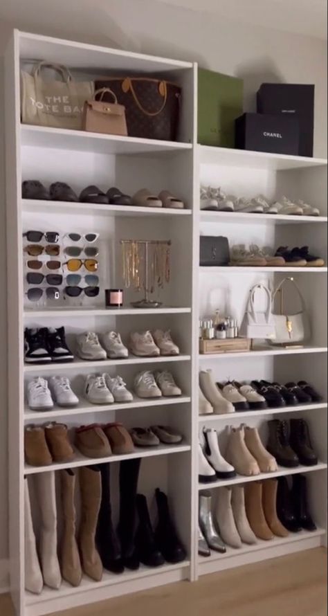 Aesthetic Closet Organization Small, Heel Organization, Home Organization Aesthetic, Wardrobe Organisation Aesthetic, Shoe Rack Aesthetic, Closet Organization Ideas Small Walk In, Storage Organizer Ideas, Shoe Storage Ideas Closet, Unique Shoe Rack