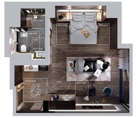 Human Space, Quadrangle Elder Bedroom Design, Bedroom For Elderly, Wheelchair Accessible Bedroom, Young Mans Bedroom, Social Impact Design, Barrier Free Design, Hotel Room Plan, Accessibility Design, Accessible House