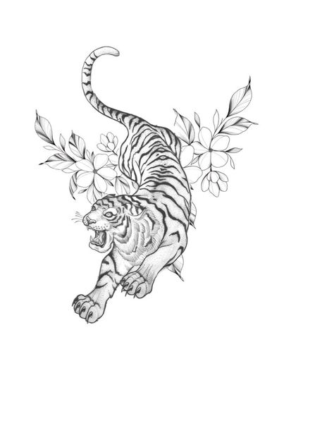 Tiger Tattoo Side Ribs, Tiger Collar Bone Tattoo, Line Work Tiger Tattoo, Tiger Tattoo Outline, Tiger Rib Tattoo, Tiger Outline Tattoo, Tiger Tattoo With Flowers, Tiger Flower Tattoo, Fine Line Tiger Tattoo