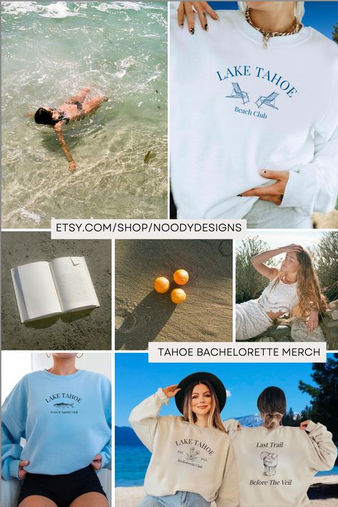 It's Lake Tahoe Bachelorette / Wedding season! #weddingmerch #bachelorettegifts #bacheloretteparty #bridalpartyfavors #laketahoebachelorette #laketahoewedding #bacheloretteparty #fallbachelorette #fallwedding #socialclubsweatshirt #beachclubsweatshirt Lakeside Bachelorette, Lake Party Ideas For Adults, Lake Bachelorette Party Theme, Lake Themed Bachelorette Party, Tahoe Bachelorette Party, Lake Tahoe Bachelorette, Lake Tahoe Bachelorette Party, Tahoe Bachelorette, Wedding Merch